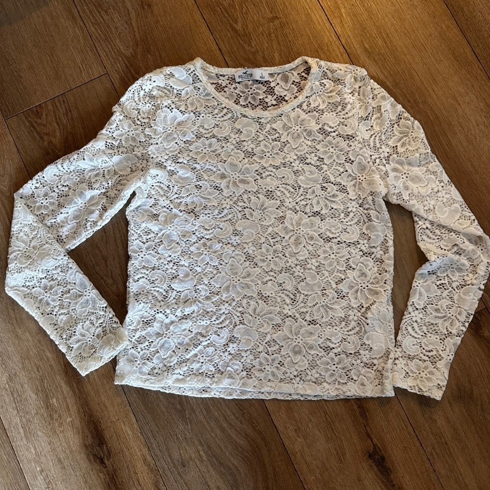 Hollister Womens Floral Lace Long Sleeve Top Cream Off White Large L Crew Neck